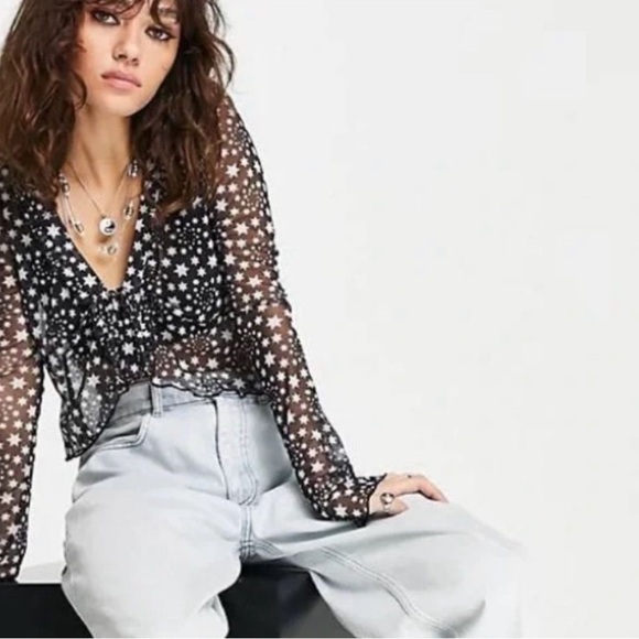 Free People Marne Sheer Black & White Star Tie Front Long Sleeve Crop Blouse - Picture 3 of 12